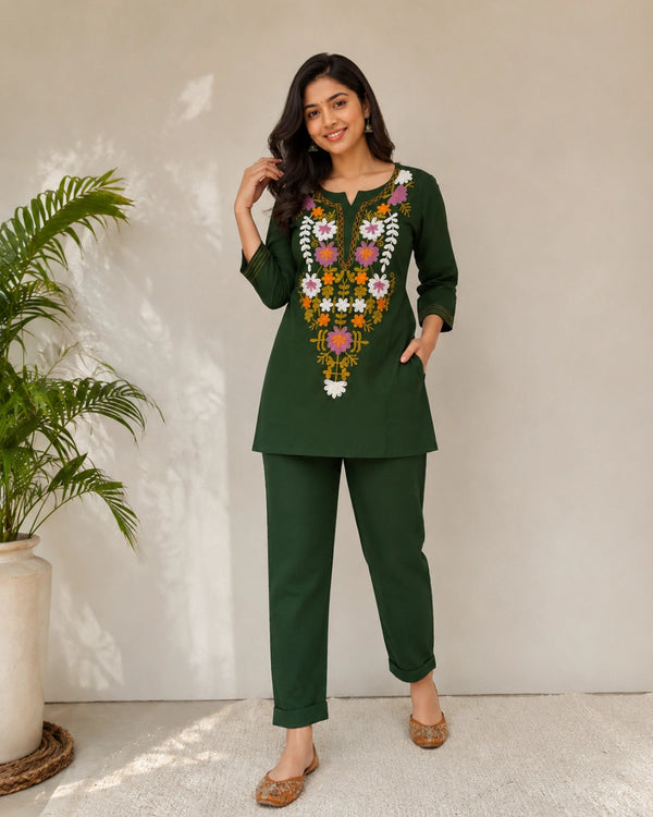 Floral Thread Work Cotton Co-ord Set with Notch Neck for Vacation Wear — image 3