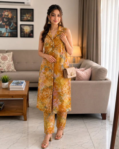 Sleeveless Floral Print Rayon Co-Ord Set for Daily Wear