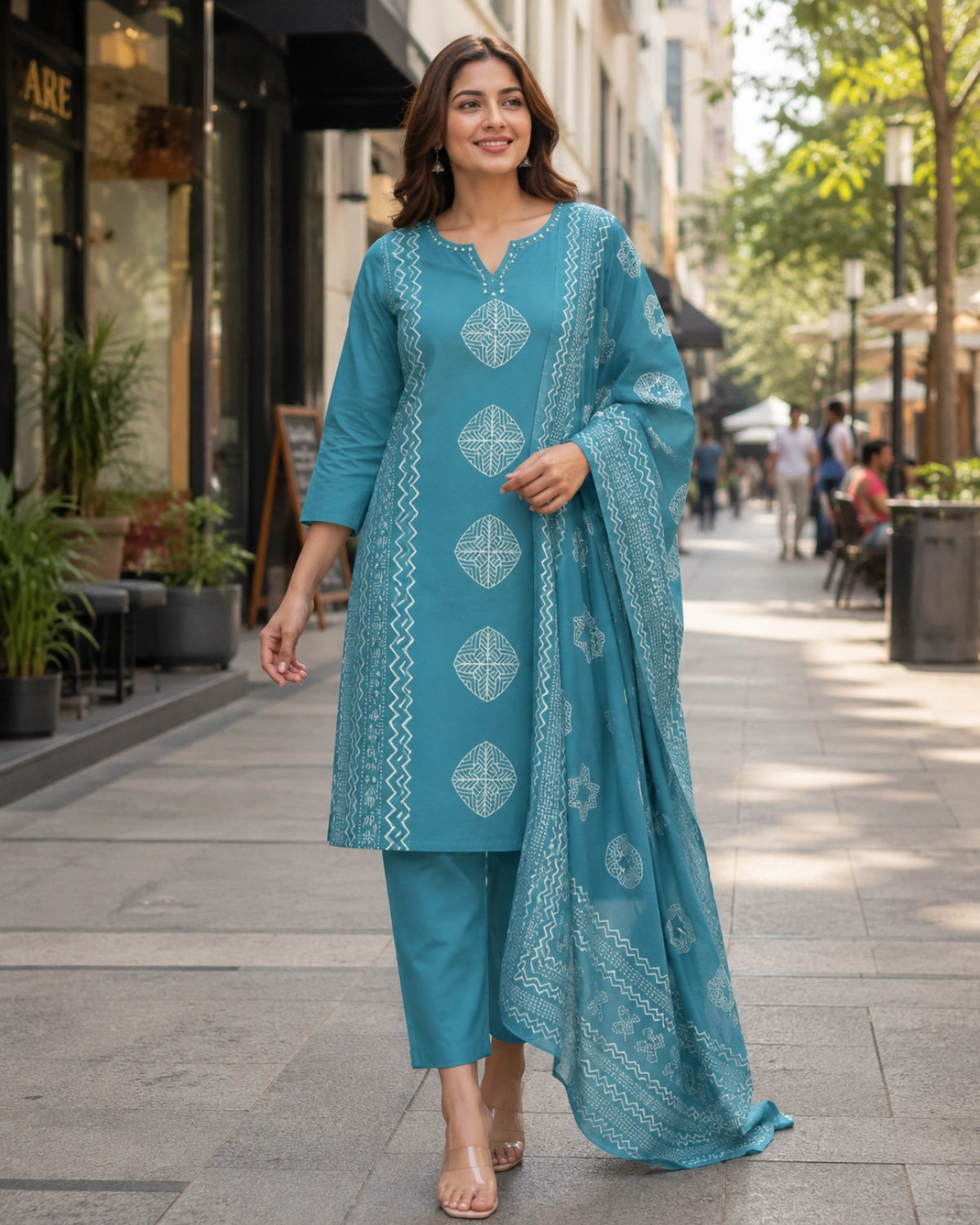 Block Print Cotton Kurta Pant Dupatta with Round Neck for Daily Wear