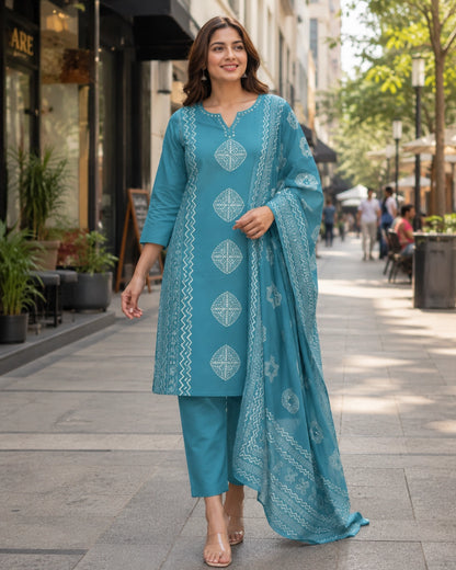 Block Print Cotton Kurta Pant Dupatta with Round Neck for Daily Wear