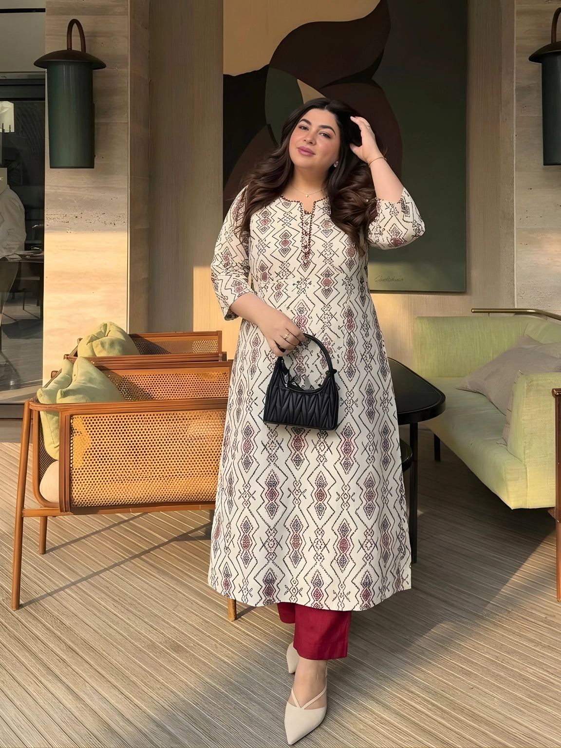 Cream and Maroon Geometric Print Kurta Pant Set