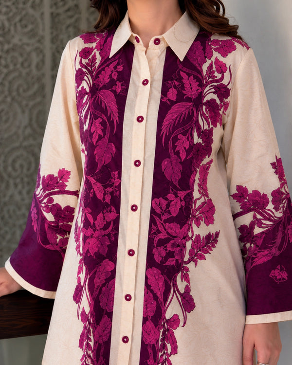 Ivory Magenta Floral Chiffon Co-Ord Set with Border for Vacation Wear — image 3