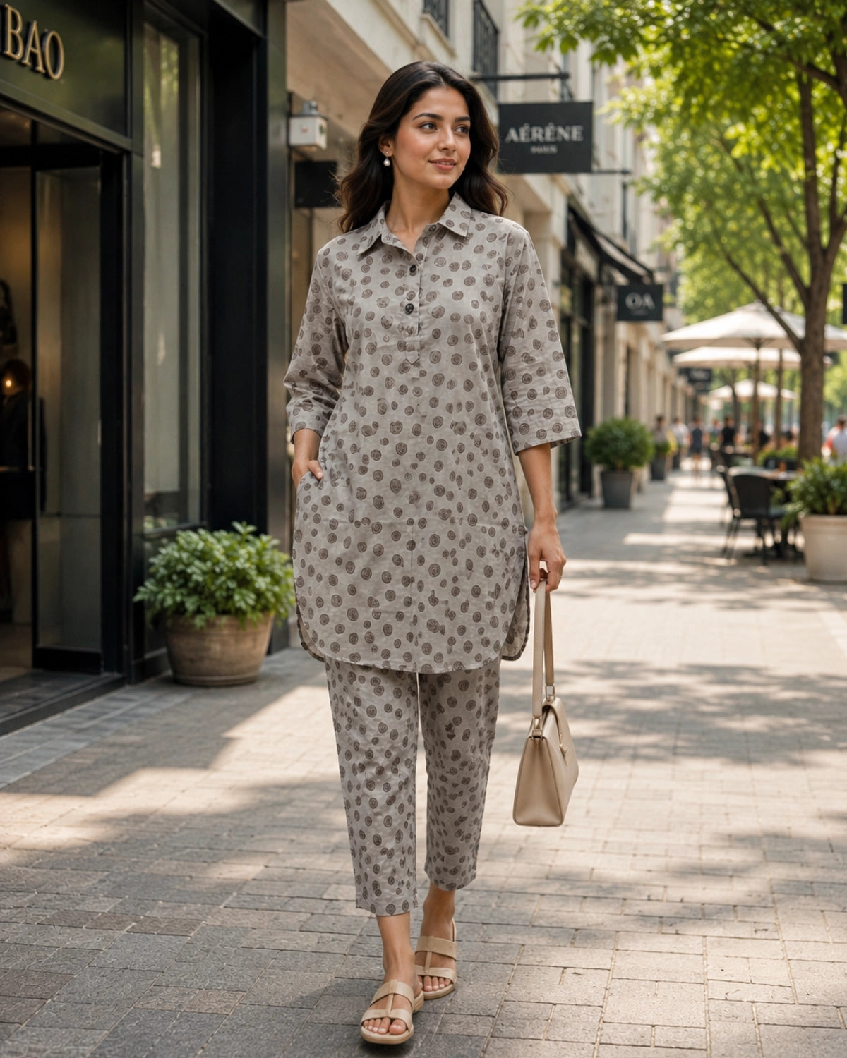 Block Print Rayon Co-ord Set with Collar Neck for Daily Wear