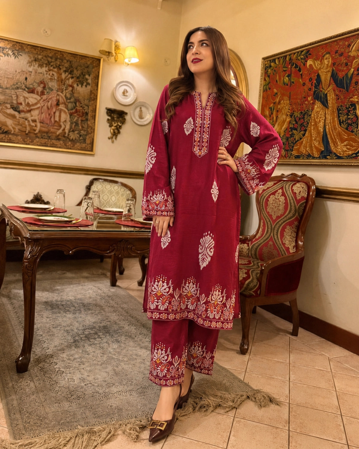 Maroon Paisley Muslin Co-Ord Set with Embroidered Yoke for Daily Wear
