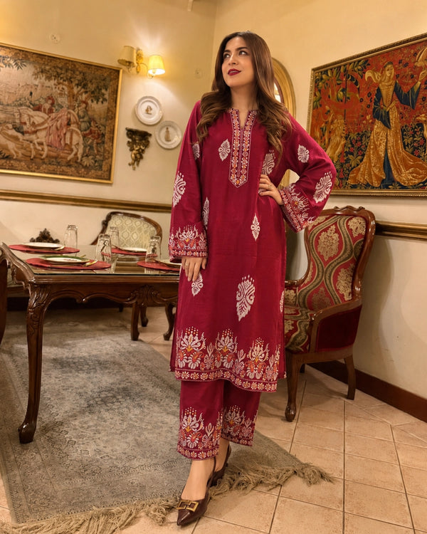 Maroon Paisley Muslin Co-Ord Set with Embroidered Yoke for Daily Wear