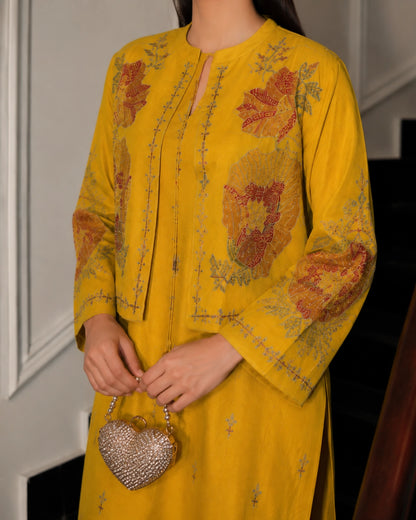 Mustard Embroidered Cotton Kurta with Jacket for Office Wear