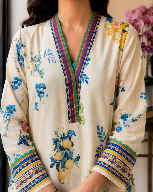 Ivory Lemon Floral Cotton Co-ord Set with Border for Vacation Wear — image 3