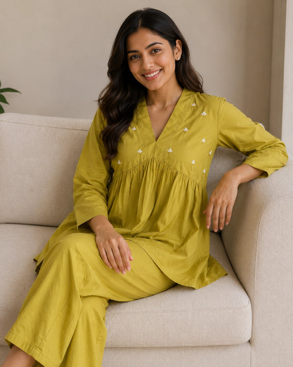 Mirror Work Cotton Co-ord Set with V Neck for Vacation Wear