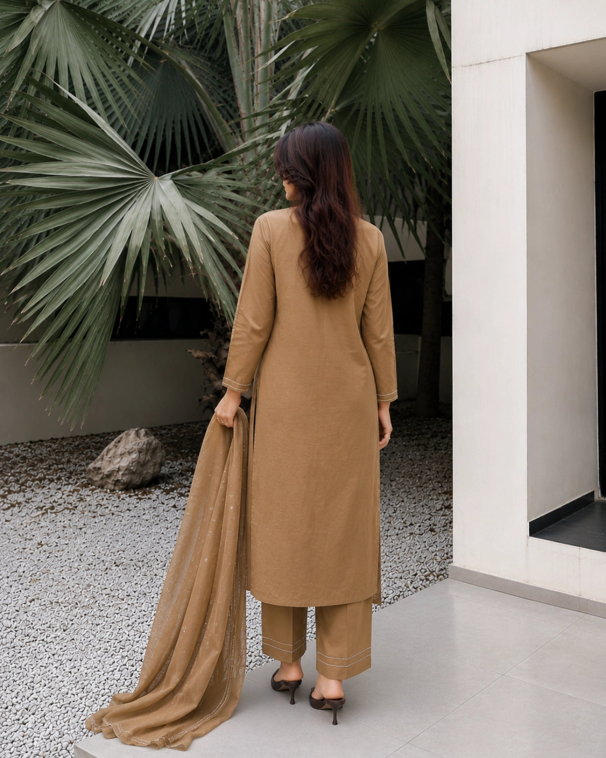 Olive Brown Thread Work Cotton Kurta Pant Dupatta for Daily Wear