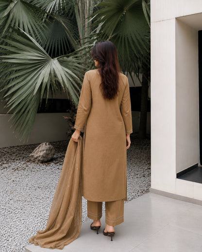 Olive Brown Thread Work Cotton Kurta Pant Dupatta for Daily Wear