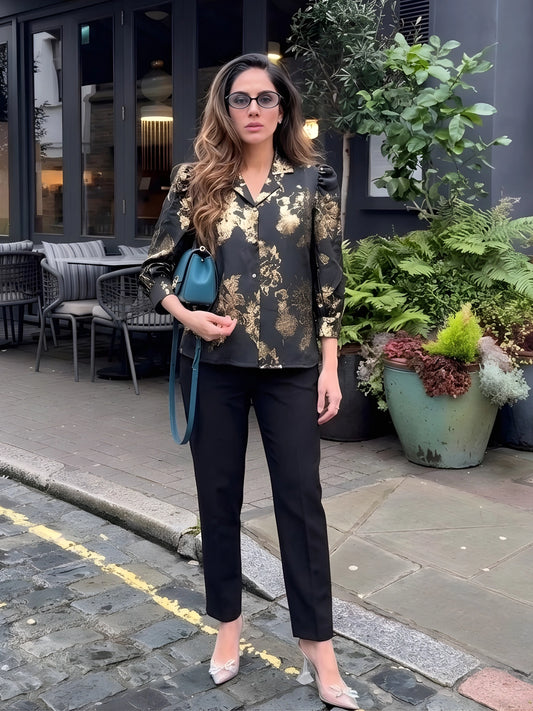 Black & Gold Metallic Foil Print Top