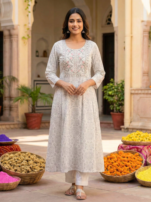 Elegant Pastel Grey Embroidered Anarkali Kurta