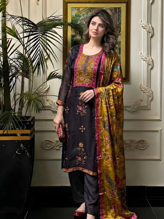 Black Embroidered Kurta and Pant Set with Mustard and Magenta Dupatta