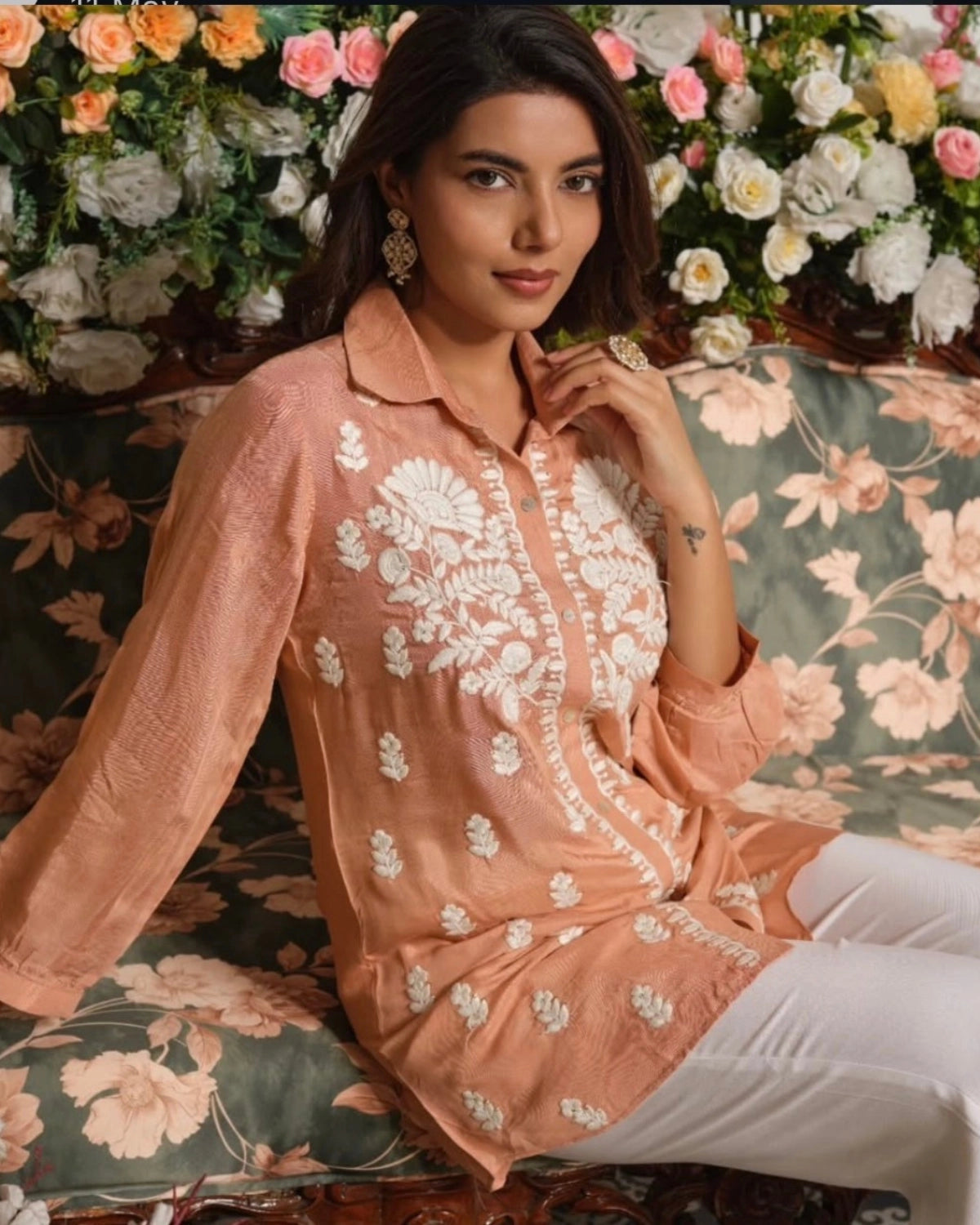 Peach Chikankari Embroidered Muslin Shirt for Office Wear