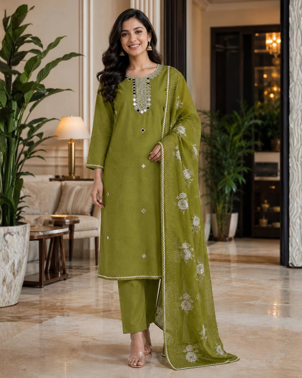 Olive Green Mirror Work Mul Chanderi Unstitched Suit for Daily Wear