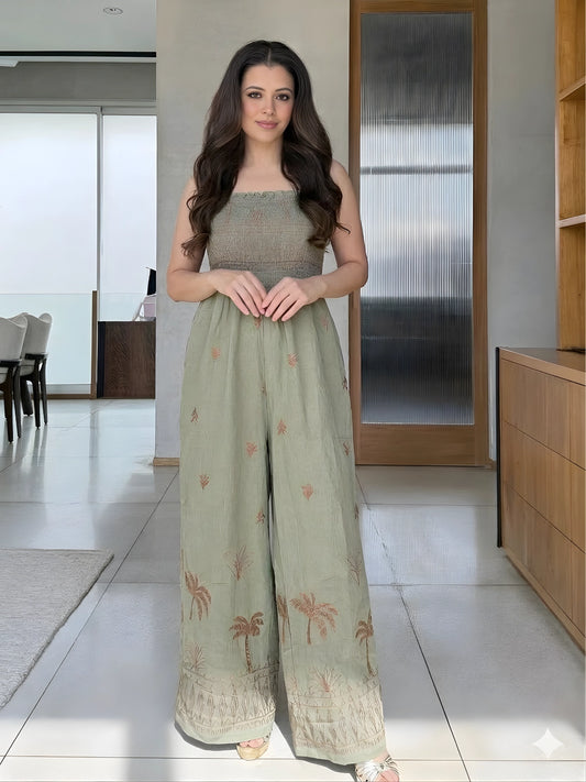 Sage Green Smocked Tropical Wide-Leg Jumpsuit