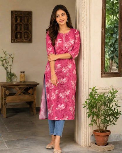 Pink Floral Printed Cotton Long Kurta with Round Neck for Office Wear