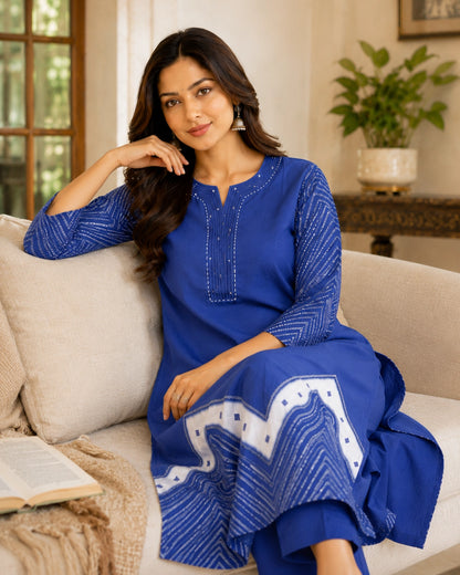 Royal Blue Chevron Print Cotton Kurta Pant Set for Office Wear