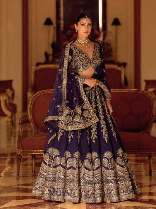 Midnight Purple Velvet Hand-Embroidered Lehenga Set