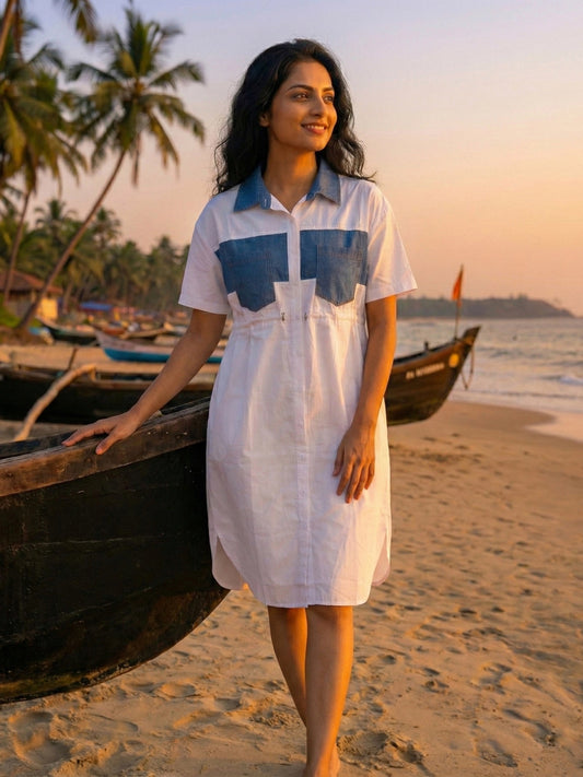 White & Denim Contrast Shirt Dress