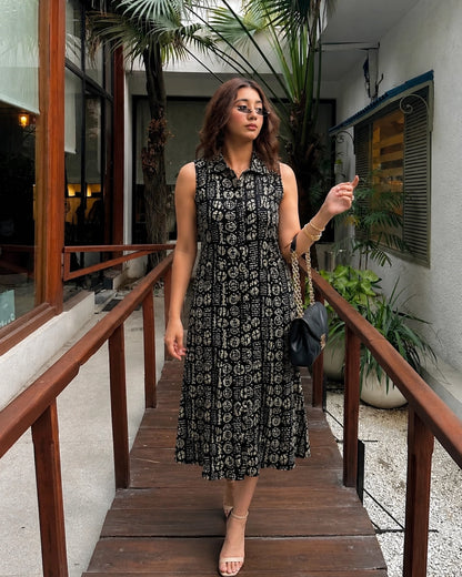Black Printed Cotton Midi Dress with Collar Neck for Vacation Wear