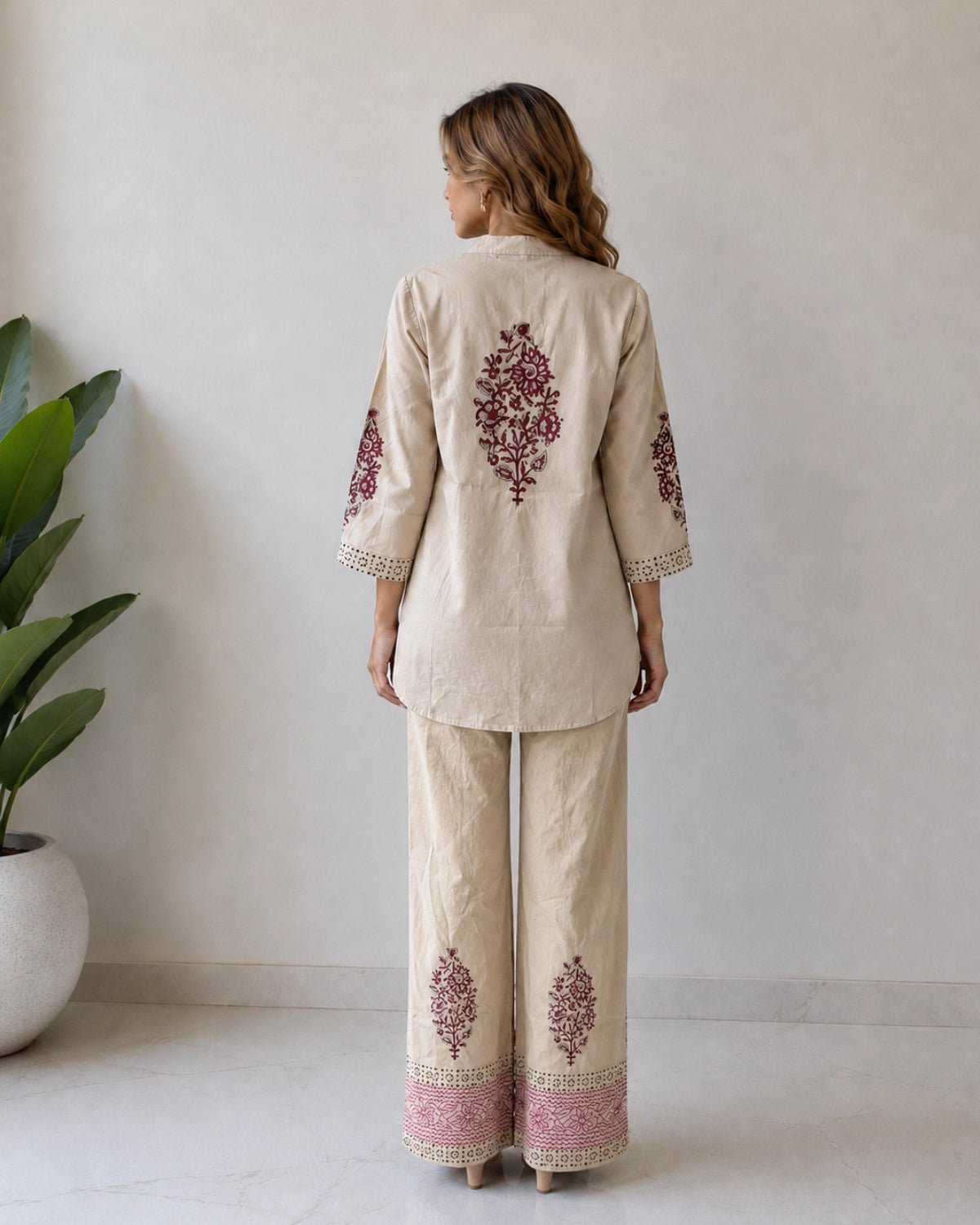 Sand Bead Work Muslin Co-Ord Set with Block Print for Vacation Wear