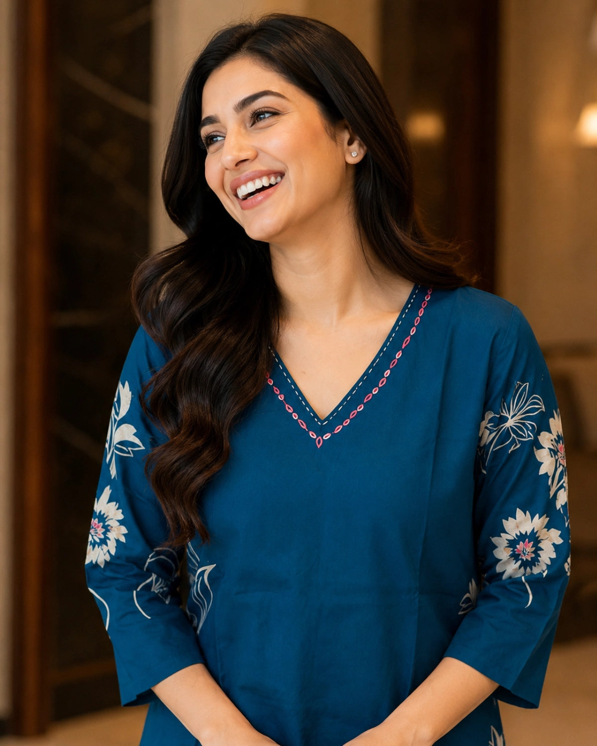 Floral Print Rayon Kurta Pant Set with V Neck for Daily Wear