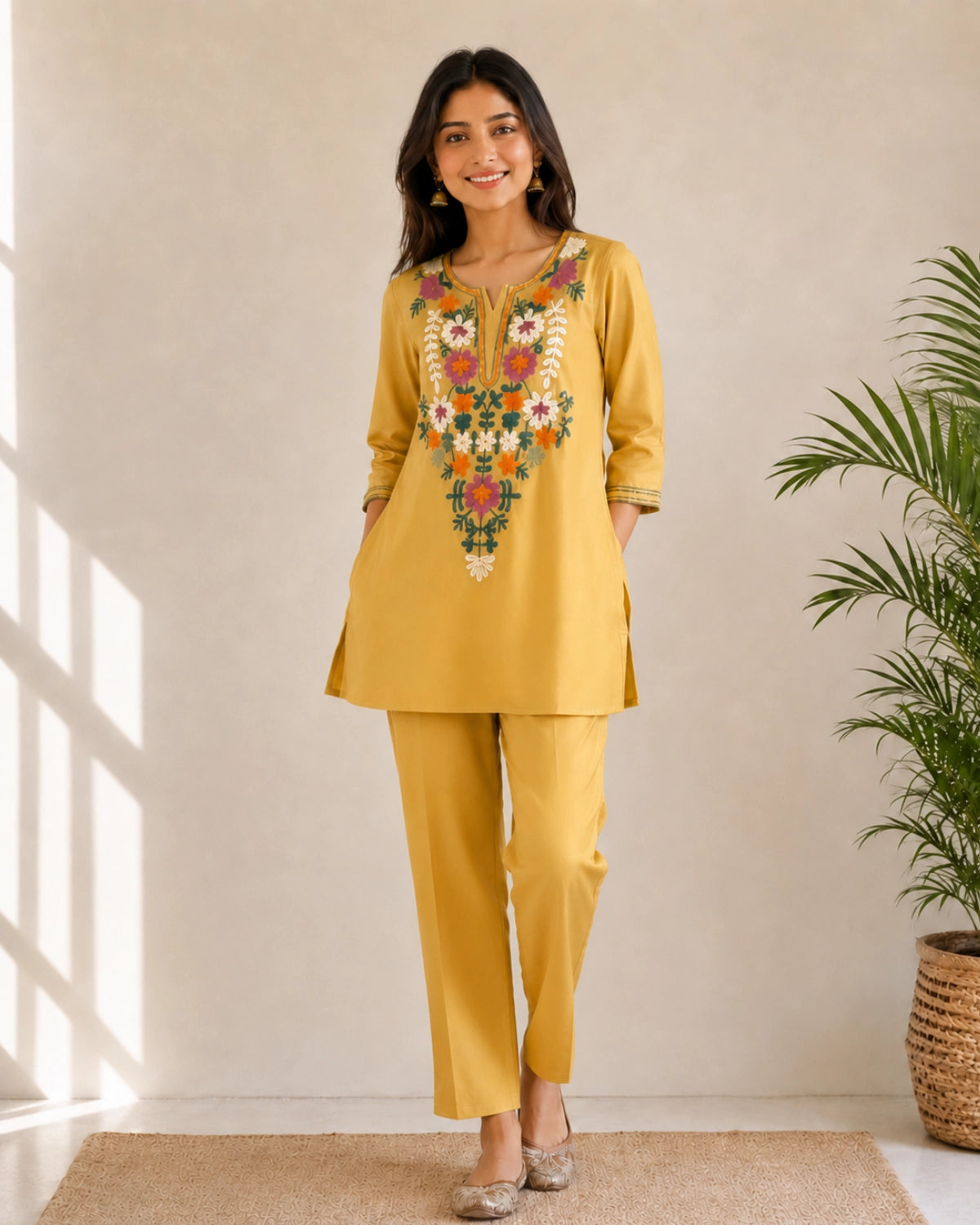 Floral Thread Work Cotton Co-ord Set with Notch Neck for Vacation Wear