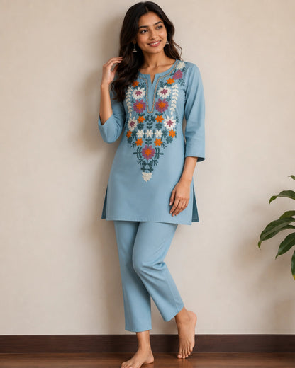Floral Thread Work Cotton Co-ord Set with Notch Neck for Vacation Wear
