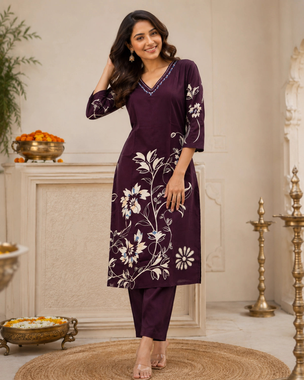 Floral Print Rayon Kurta Pant Set with V Neck for Daily Wear