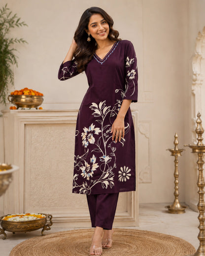 Floral Print Rayon Kurta Pant Set with V Neck for Daily Wear
