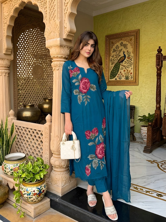 Teal Floral Embroidered Kurta Set with Dupatta