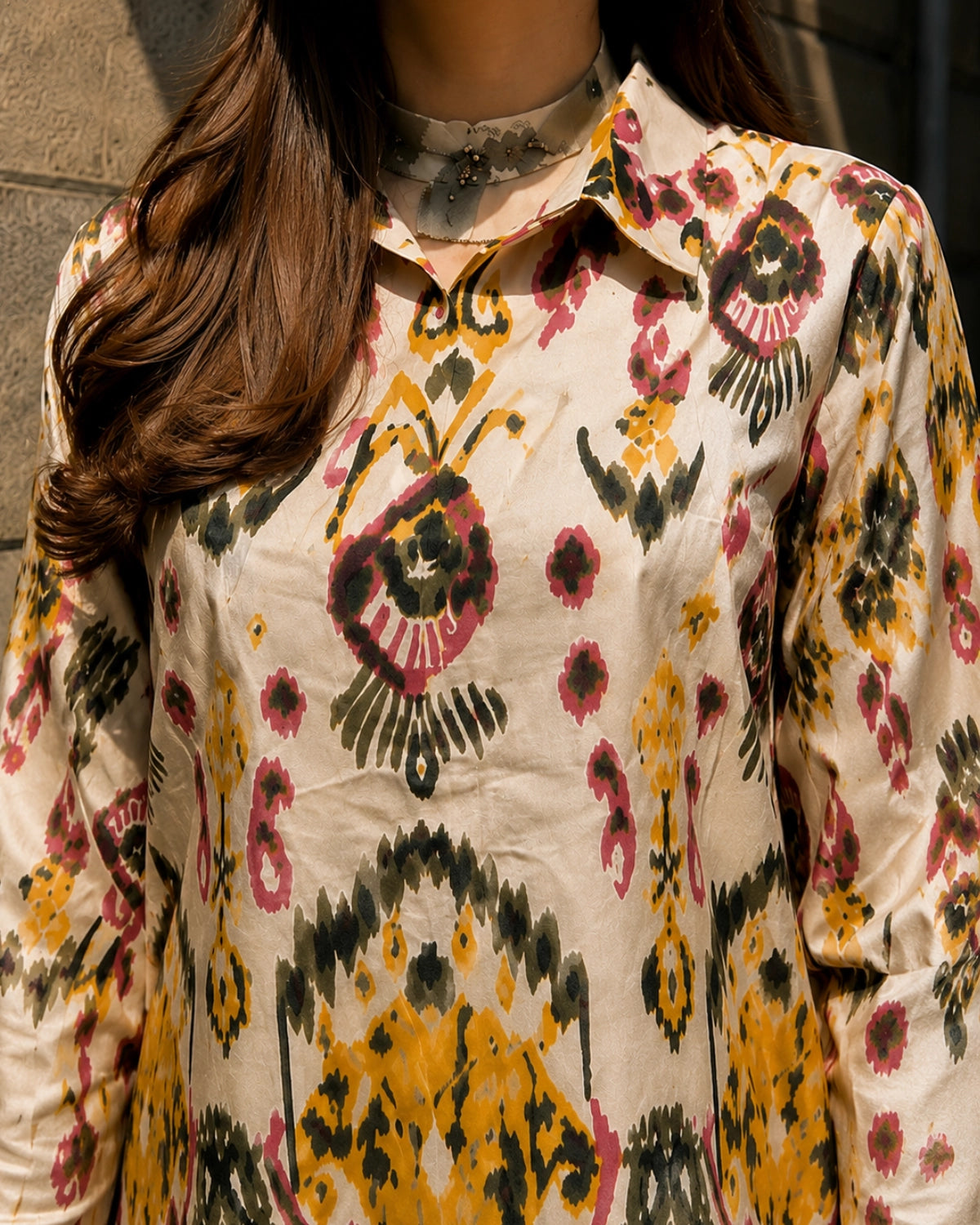 Cream Ikat Print Cotton Co-ord Set for Office and Vacation Wear
