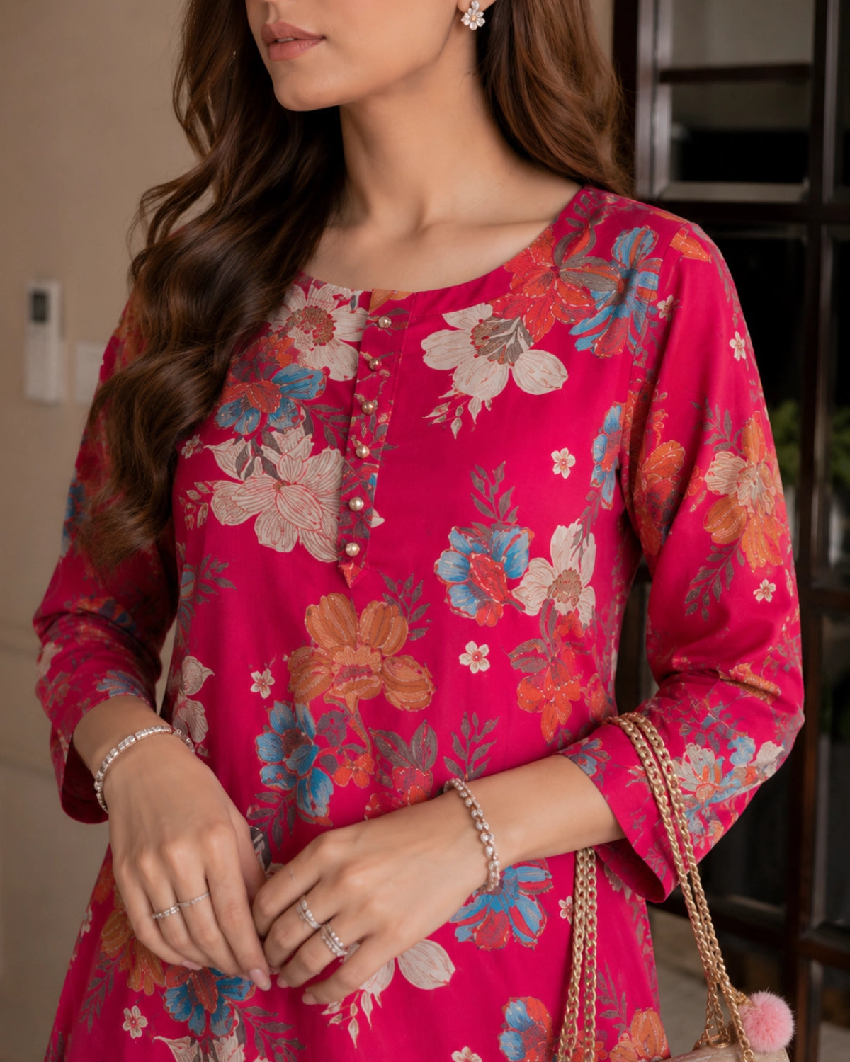 Floral Print Cotton Kurta Pant Set with Round Neck for Daily Wear