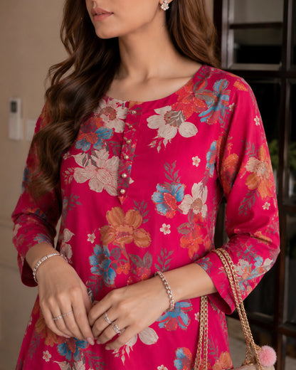 Floral Print Cotton Kurta Pant Set with Round Neck for Daily Wear