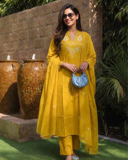 Yellow Embroidered Cotton Kurta Pant Dupatta for Daily Wear