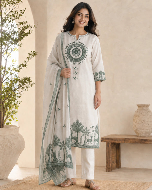 Off-White Warli Print Cotton Kurta Pant Dupatta for Daily Wear