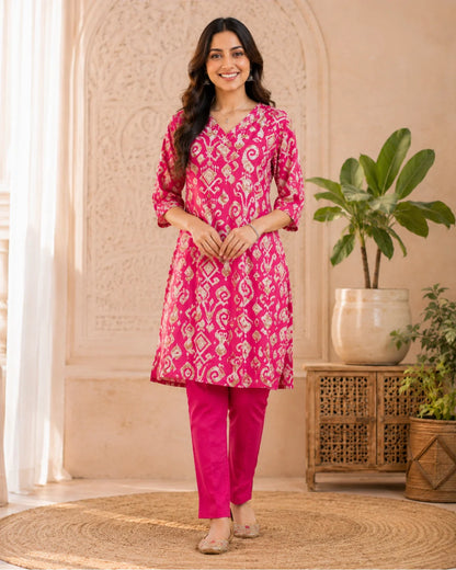 Rani Pink Ikat Print Rayon Kurta Pant Set for Daily Wear