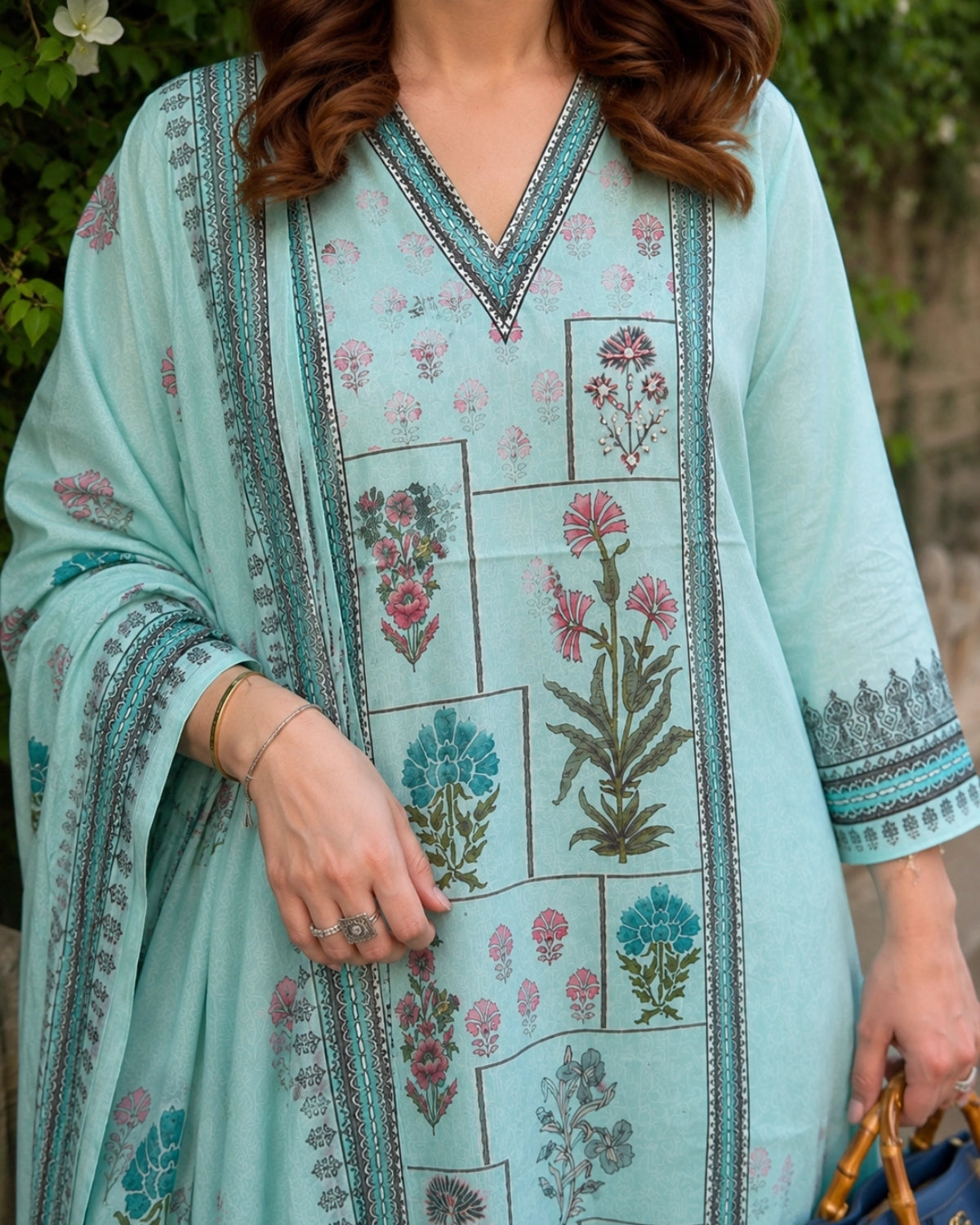 Mint Floral Block Print Cotton Kurta Pant Dupatta Set for Office Wear