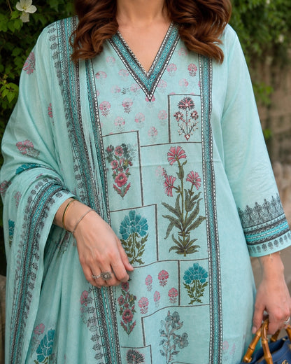 Mint Floral Block Print Cotton Kurta Pant Dupatta Set for Office Wear