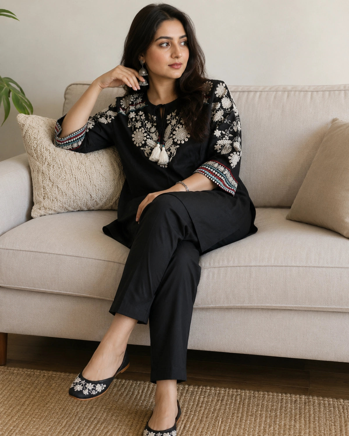 Black Floral Embroidered Cotton Co-Ord Set for Daily Wear