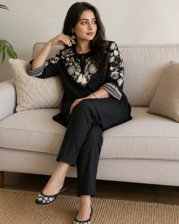 Black Floral Embroidered Cotton Co-Ord Set for Daily Wear — image 2