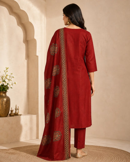 Maroon Mughal Print Cotton Kurta Pant Dupatta for Festive Wear