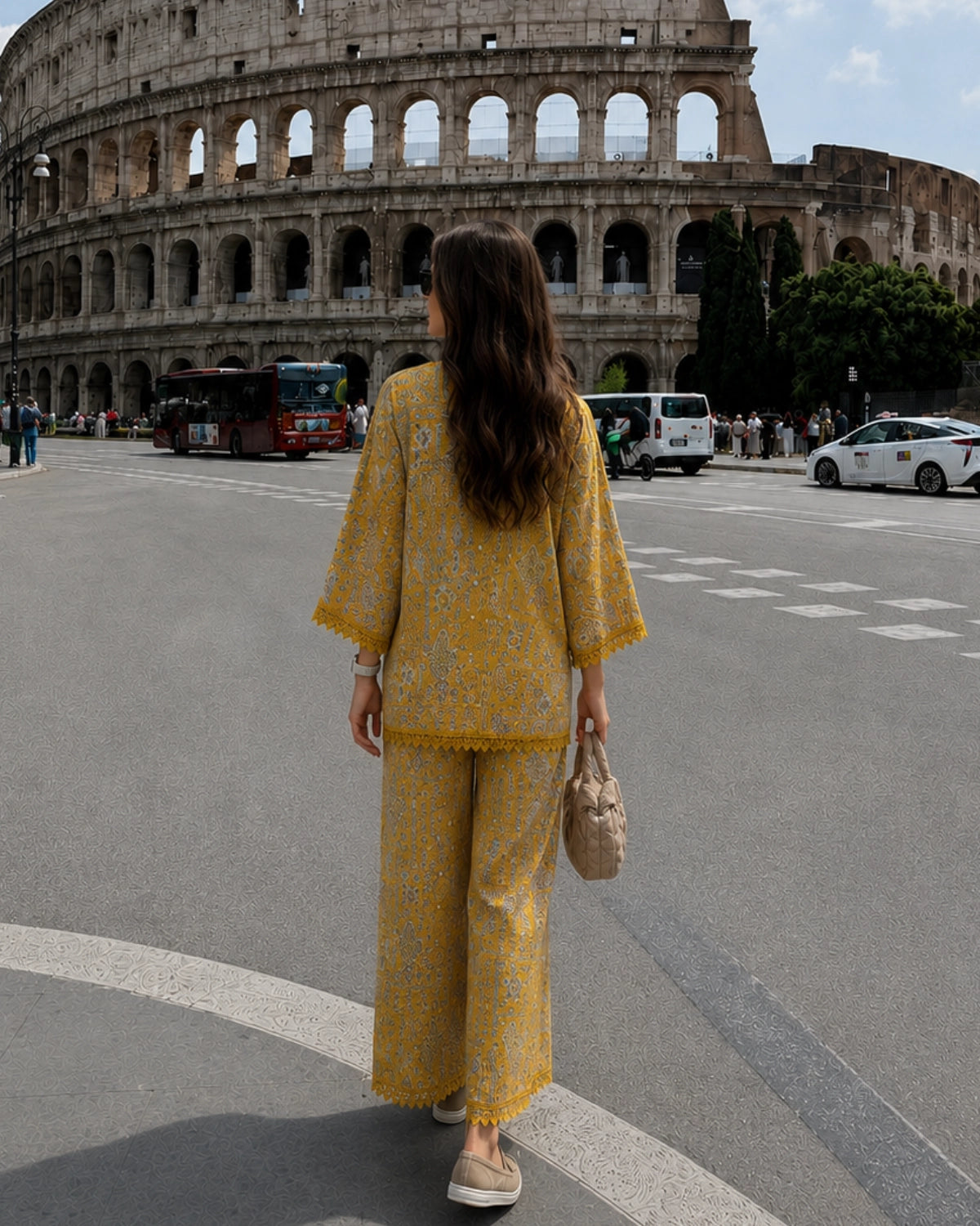 Mustard Paisley Print Cotton Co-ord Set with Lace Trim for Vacation Wear