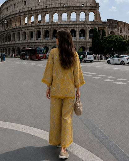Mustard Paisley Print Cotton Co-ord Set with Lace Trim for Vacation Wear