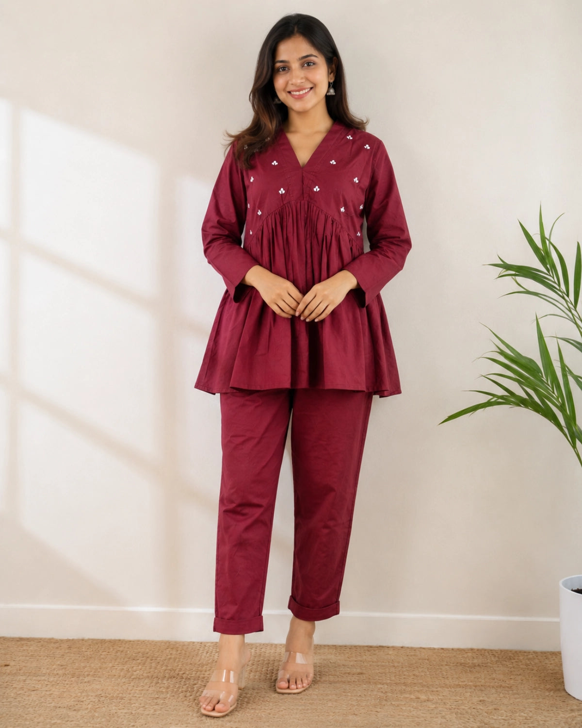 Mirror Work Cotton Co-ord Set with V Neck for Vacation Wear