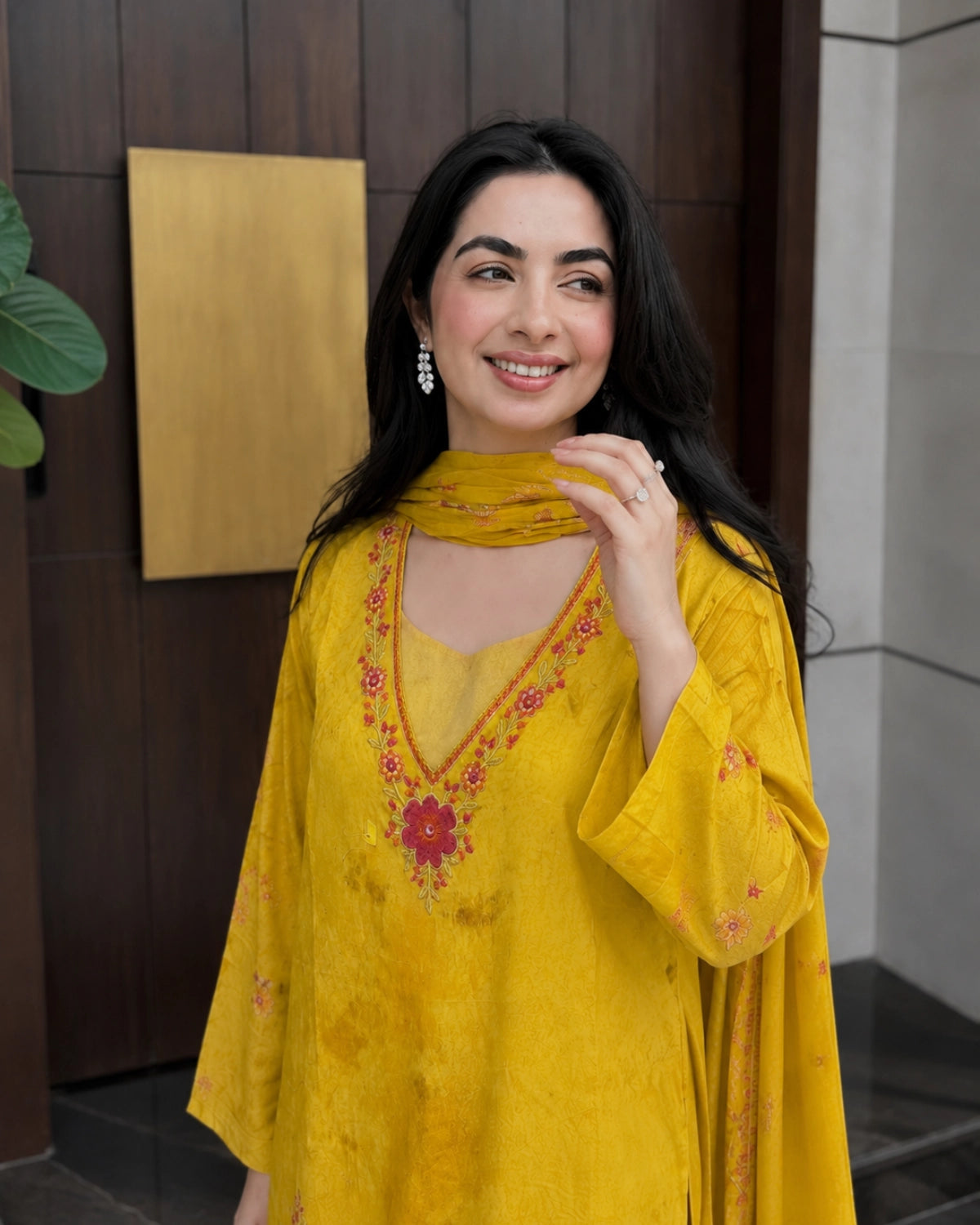 Mustard Floral Printed Rayon Kurta Pant Dupatta Set for Office Wear