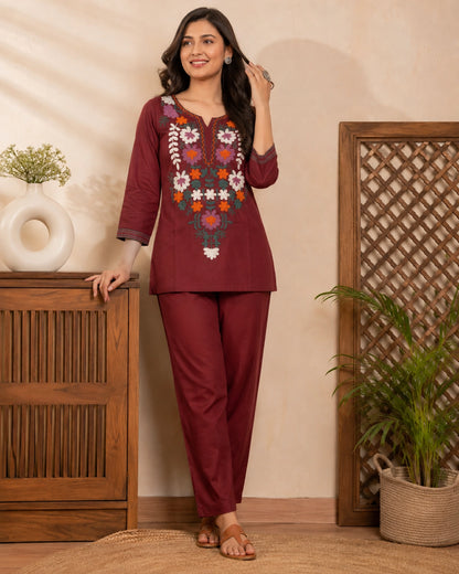 Maroon Embroidered Cotton Co-Ord Set with Notch Neck for Vacation Wear