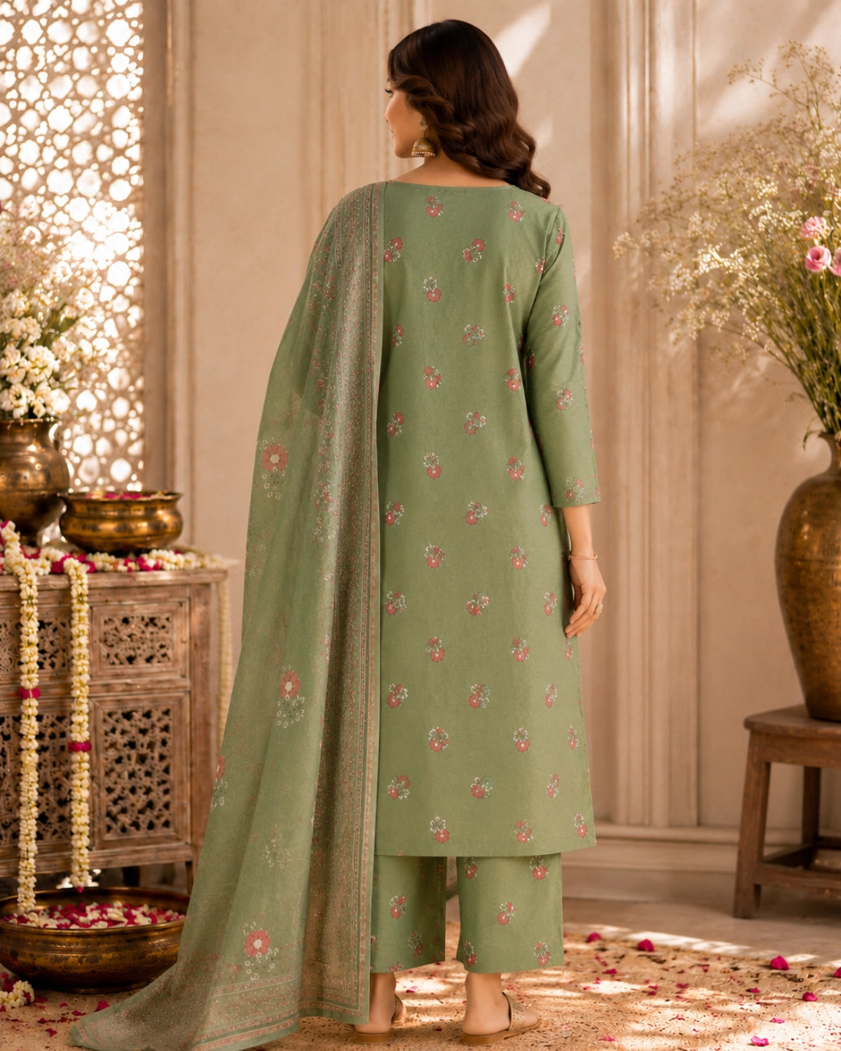 Sage Green Floral Print Cotton Kurta Pant Dupatta for Daily Wear
