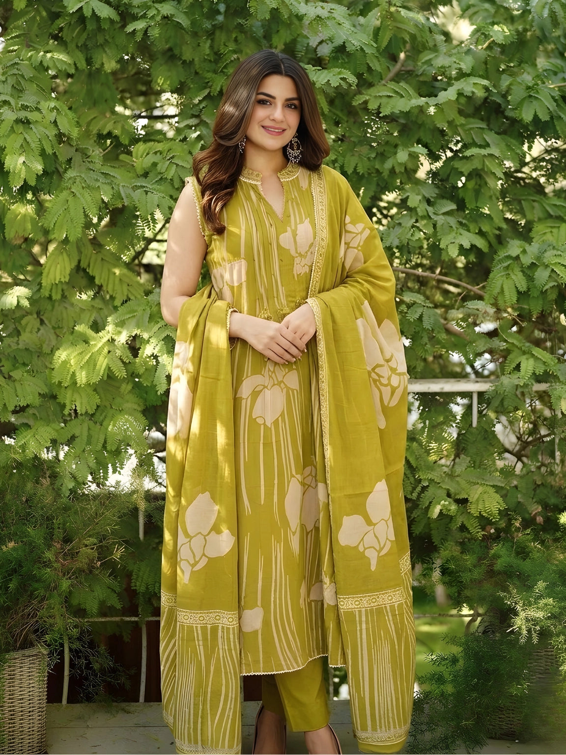 Lime Green Embroidered & Printed Sleeveless 3-Piece Set